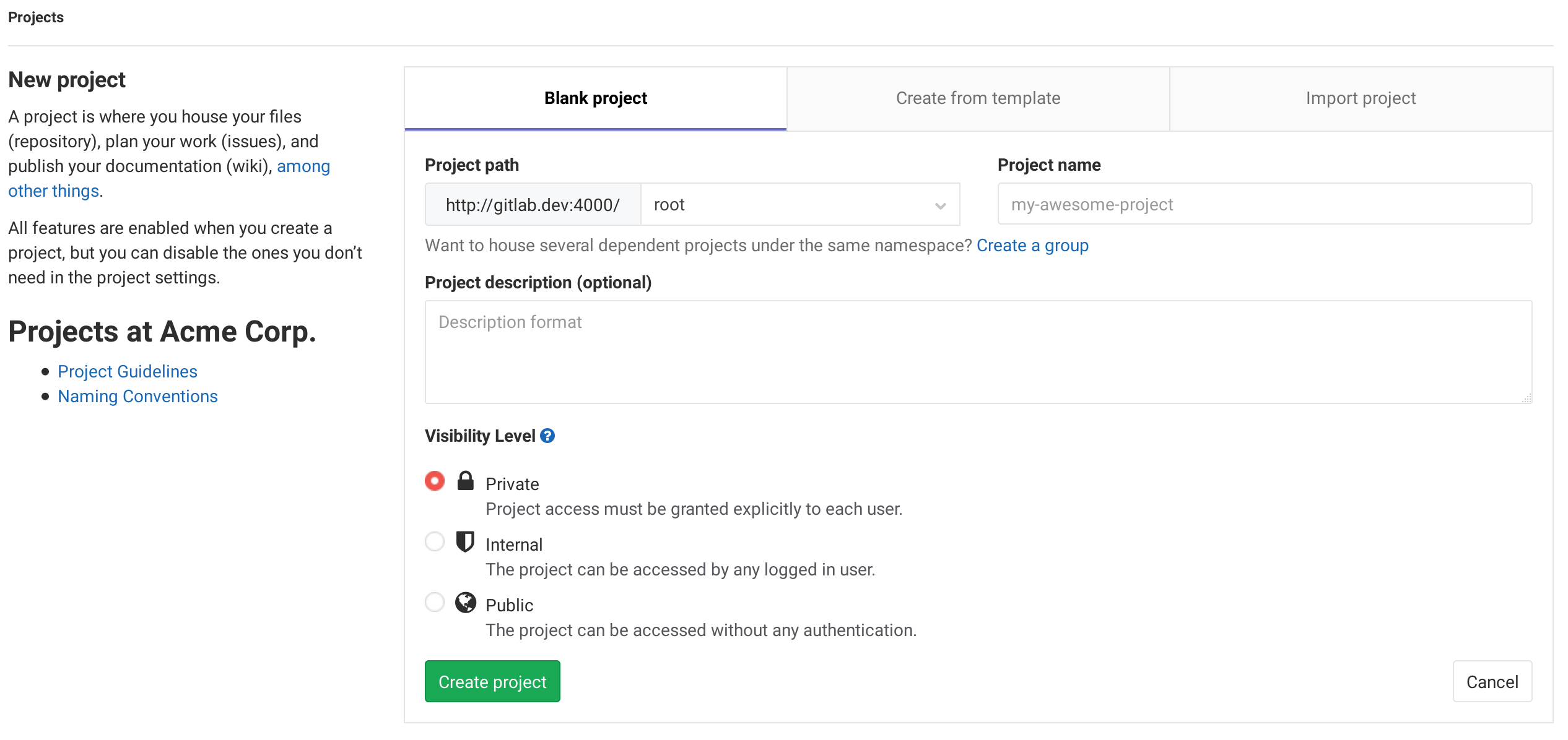 Customize "New Project" page