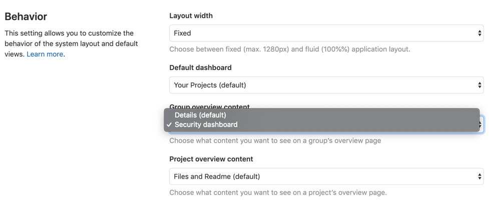 Security Dashboard as default view for groups