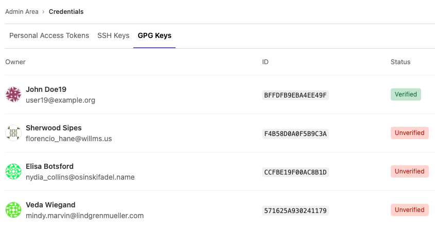 GPG keys available in the admin Credential Inventory