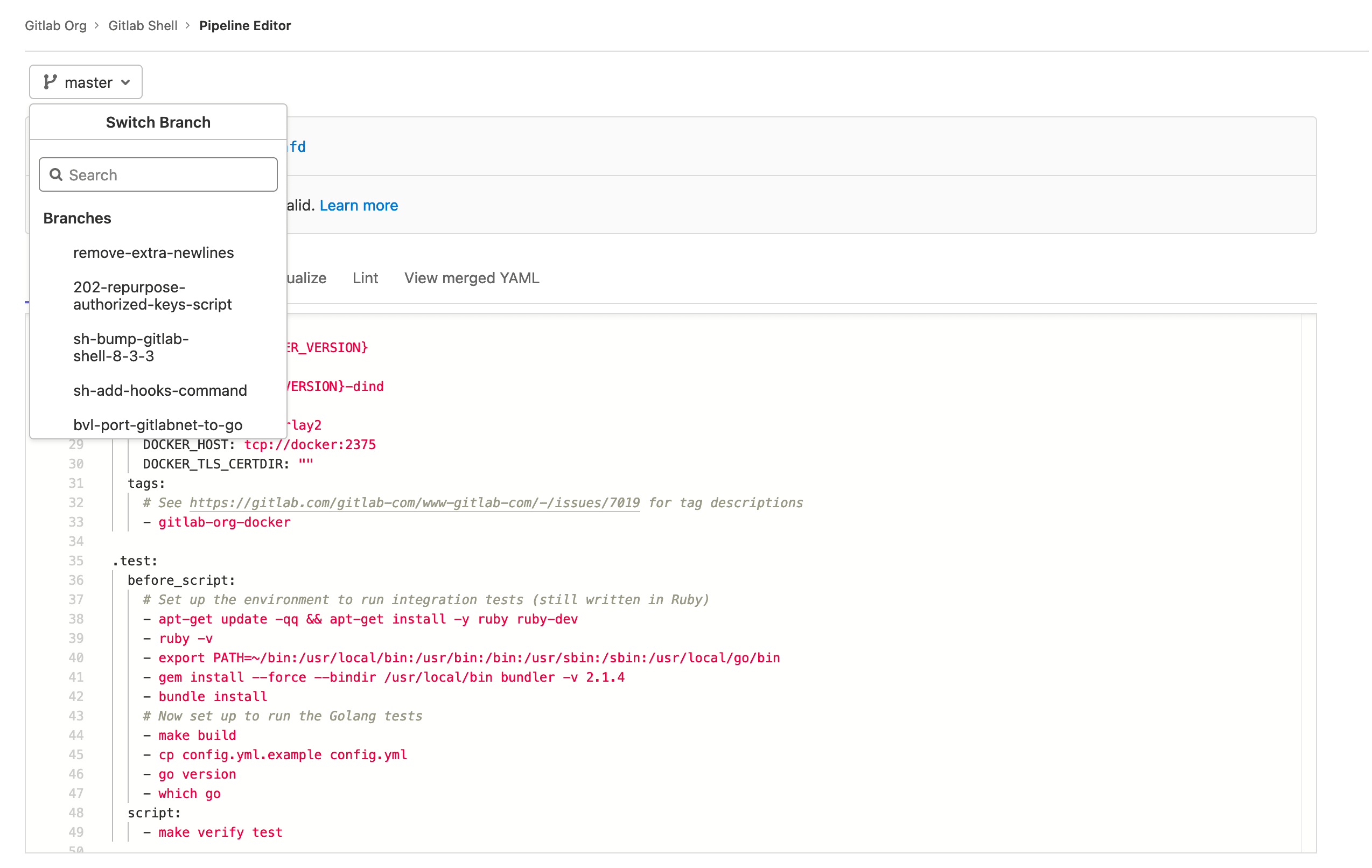 Work from branches in the Pipeline Editor