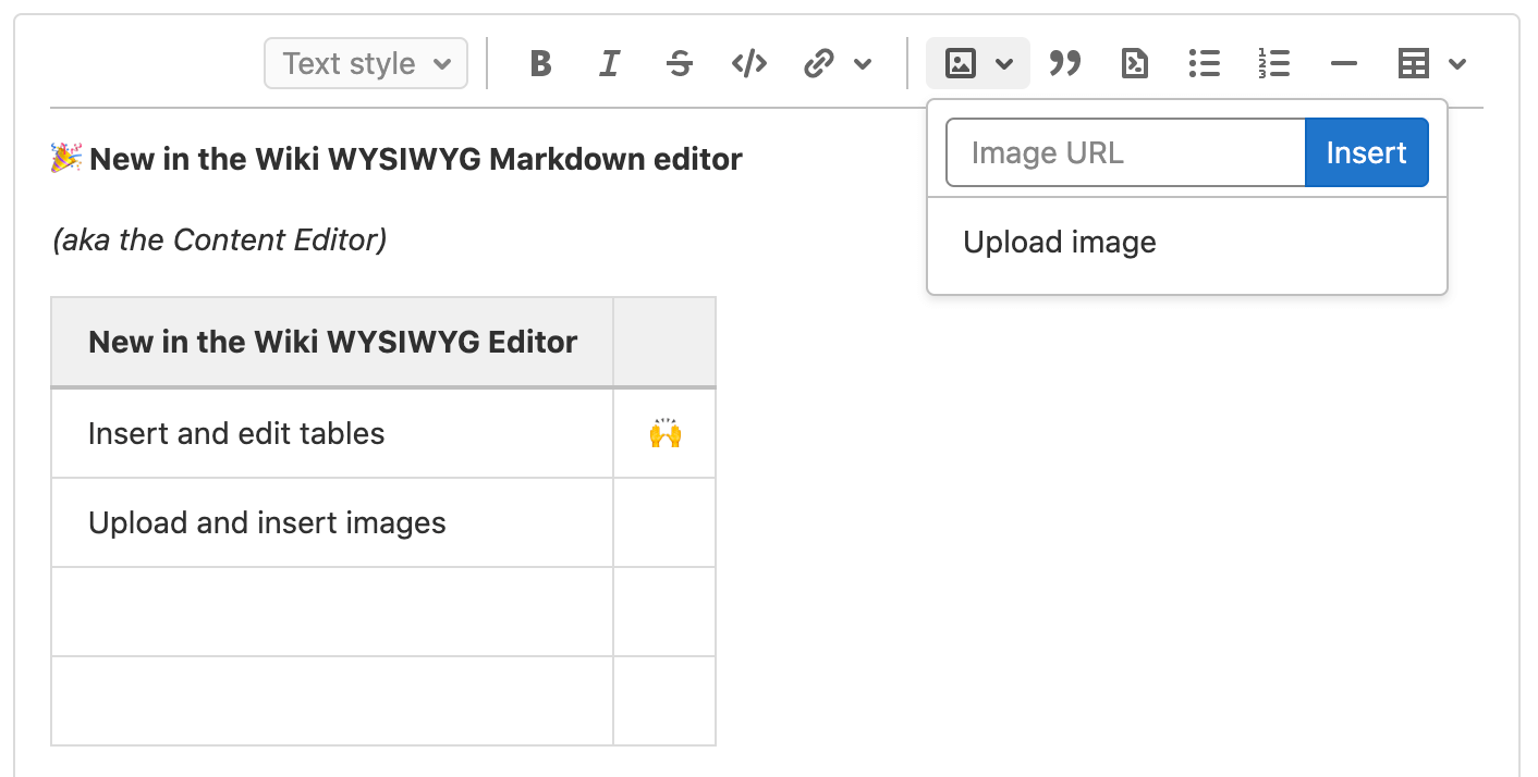 Create tables and upload images in the Wiki Content Editor