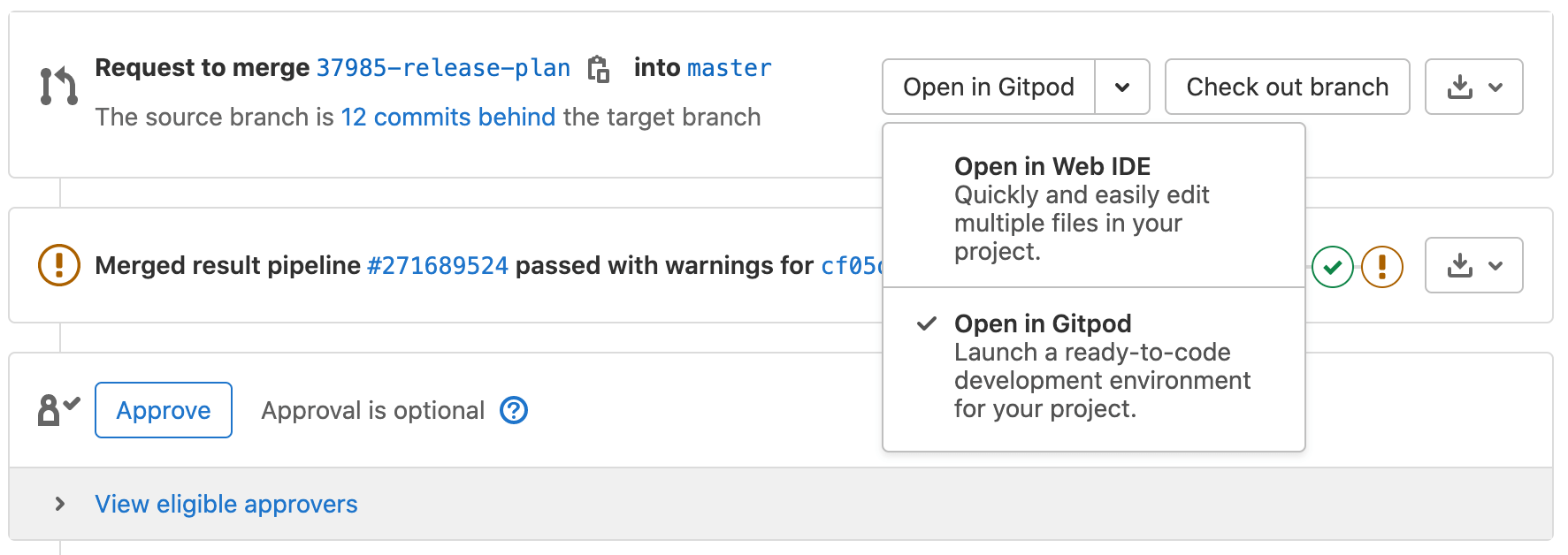Launch a preconfigured Gitpod workspace from a merge request