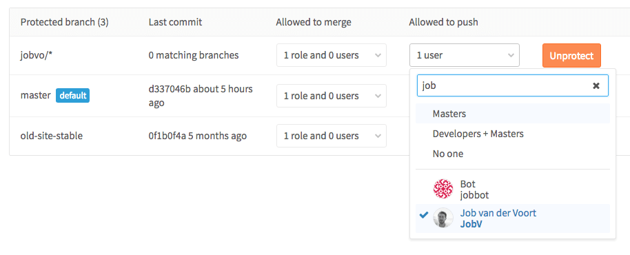 Branch permissions for users in GitLab 8.11