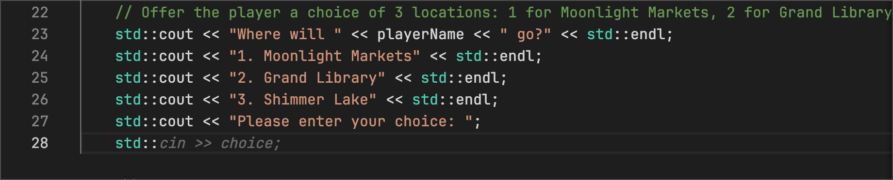 adventure.cpp - Code Suggestions suggests a multiline output for all the locations listed in the code below and asks for player input