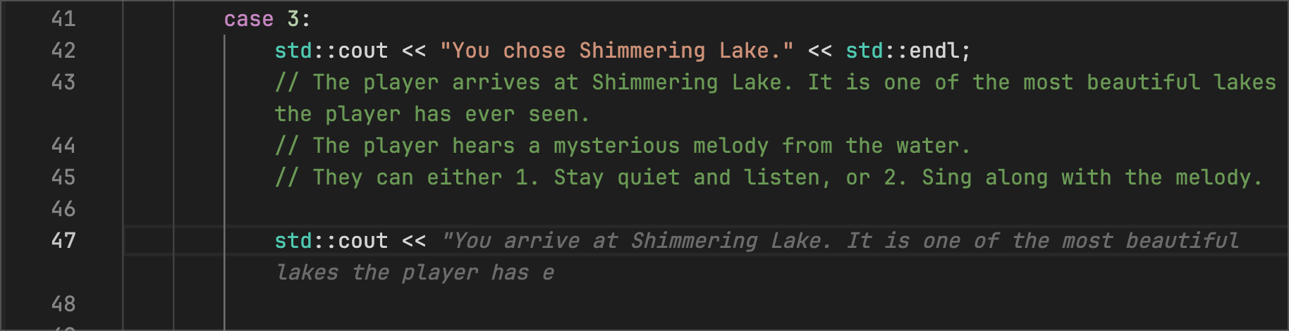 adventure.cpp - Code Suggestions helps fill out the output code based on the comments about the interaction at the Lake