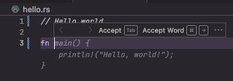 VS Code hello.rs Rust code suggestion, asking to accept