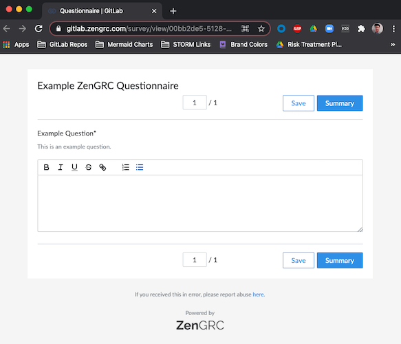 Initial ZenGRC Questionnaire Screen