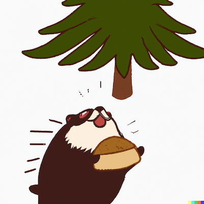 a triumphant tanuki holding bread over its head under a pine tree