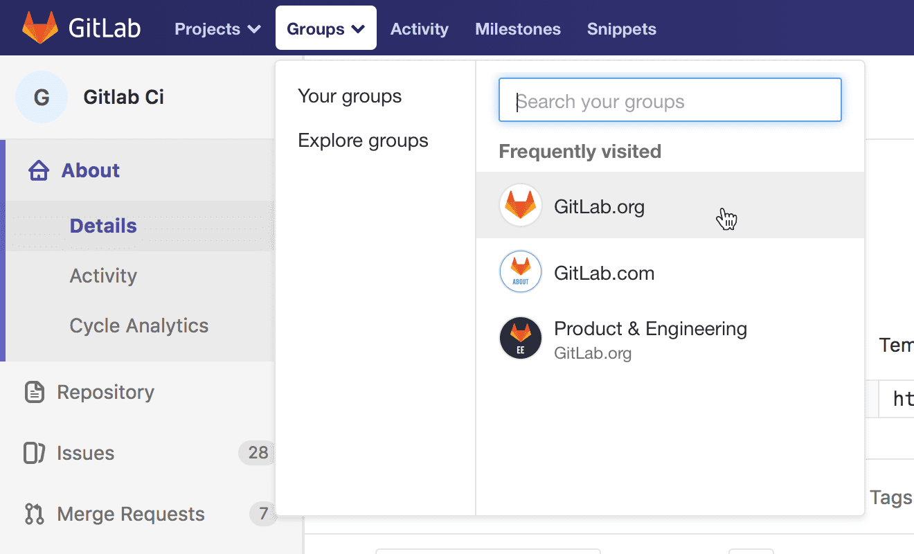 Groups dropdown in navigation