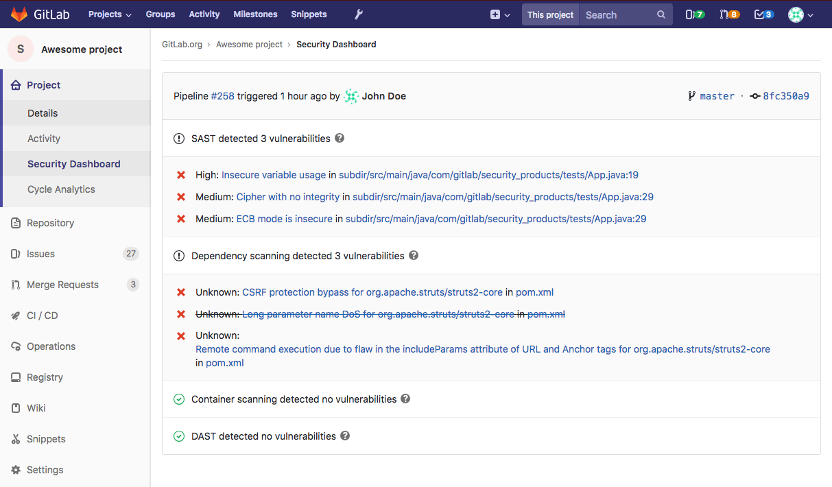 Panel de seguridad para proyectos