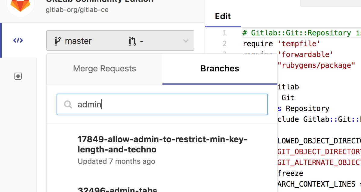 Switch branches in the Web IDE