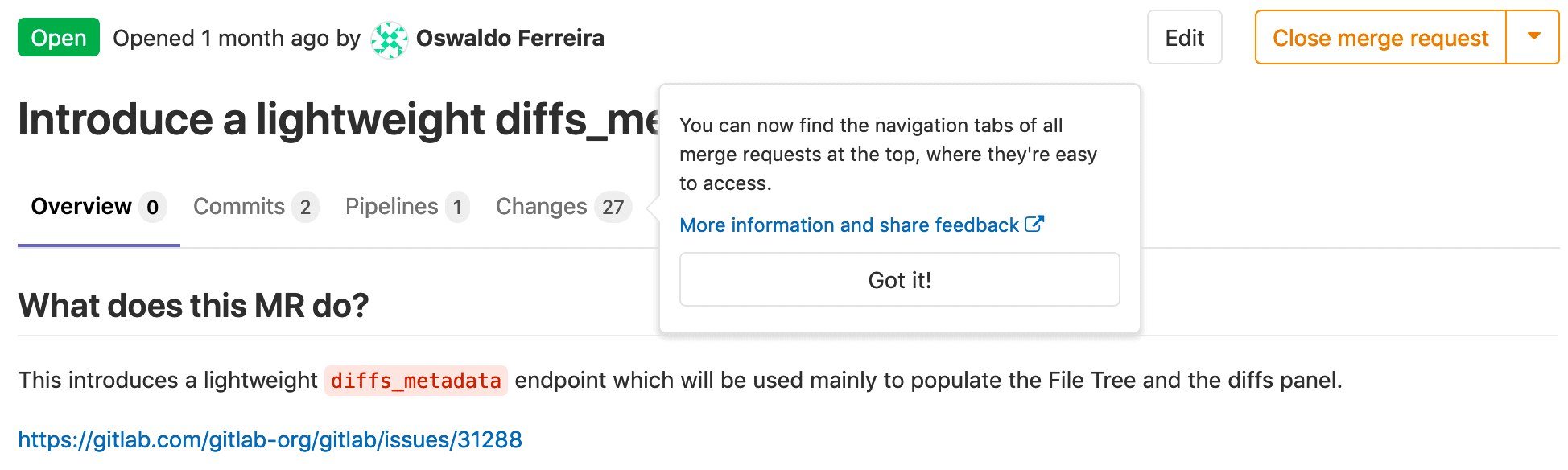 More easily navigate between tabs within Merge Requests