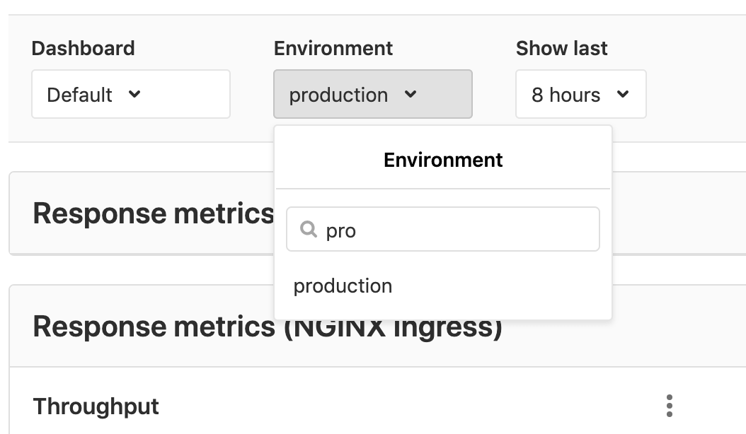 Searchable environment in metrics dashboards