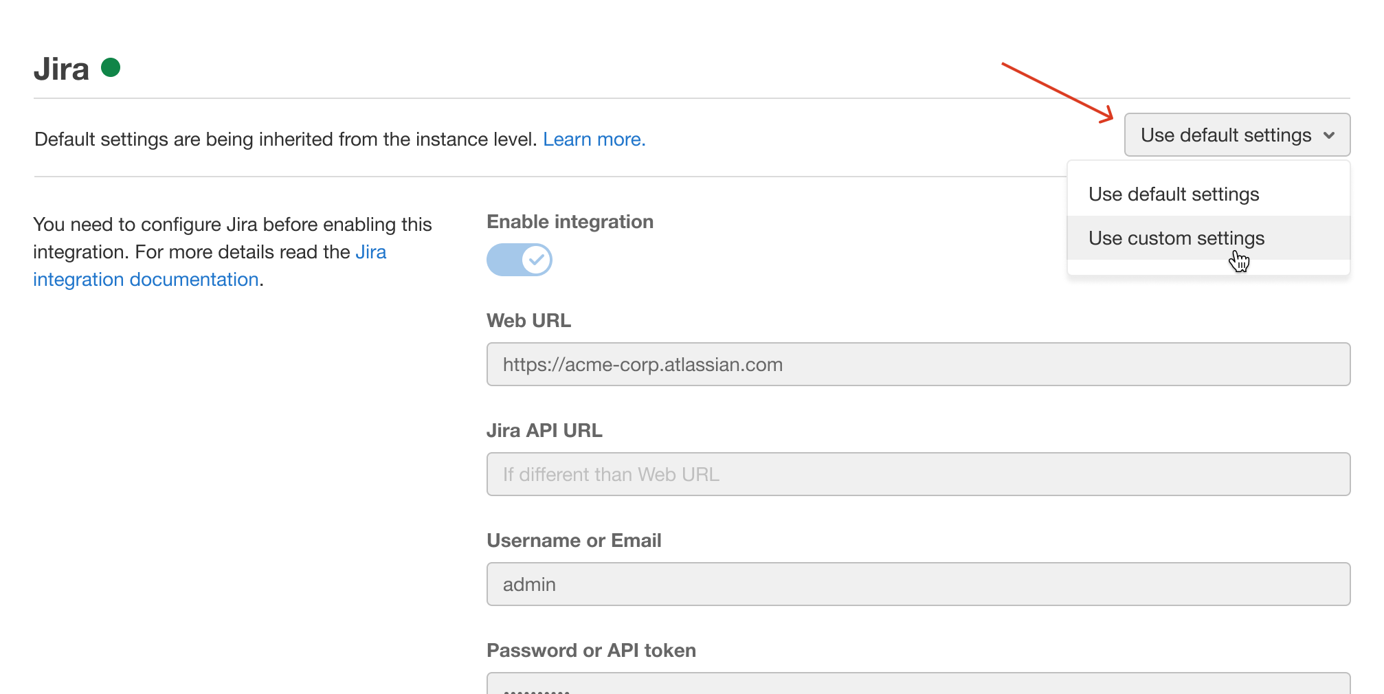 Instance-level project integration management for external services