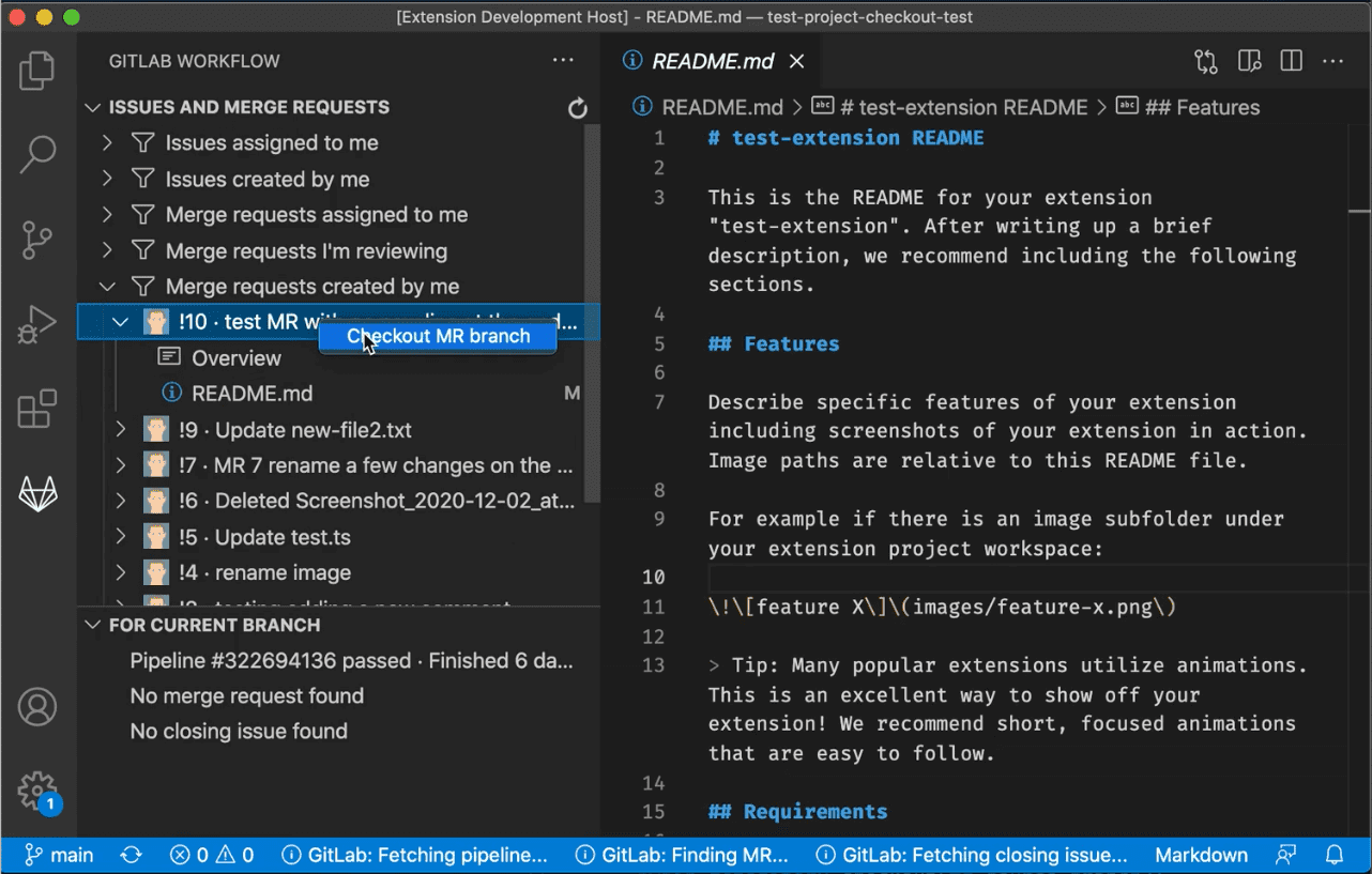 Check out branches of merge requests in Visual Studio Code