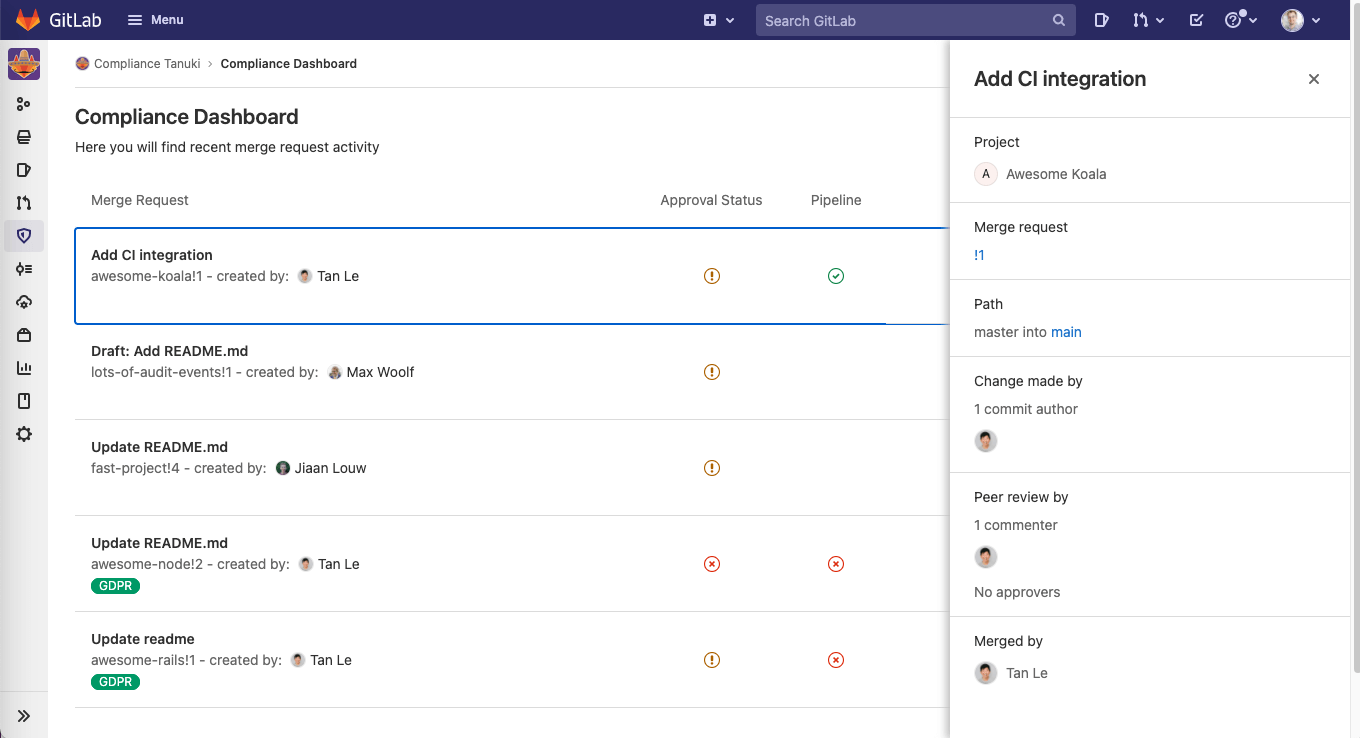 Quick access to compliance report entries