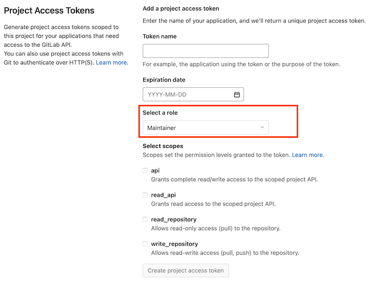 Select project access token role