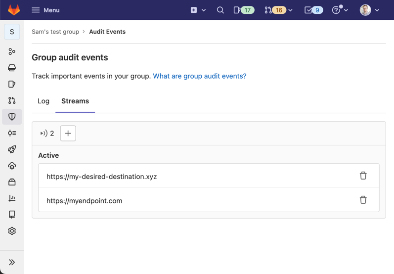 User interface for streaming audit events