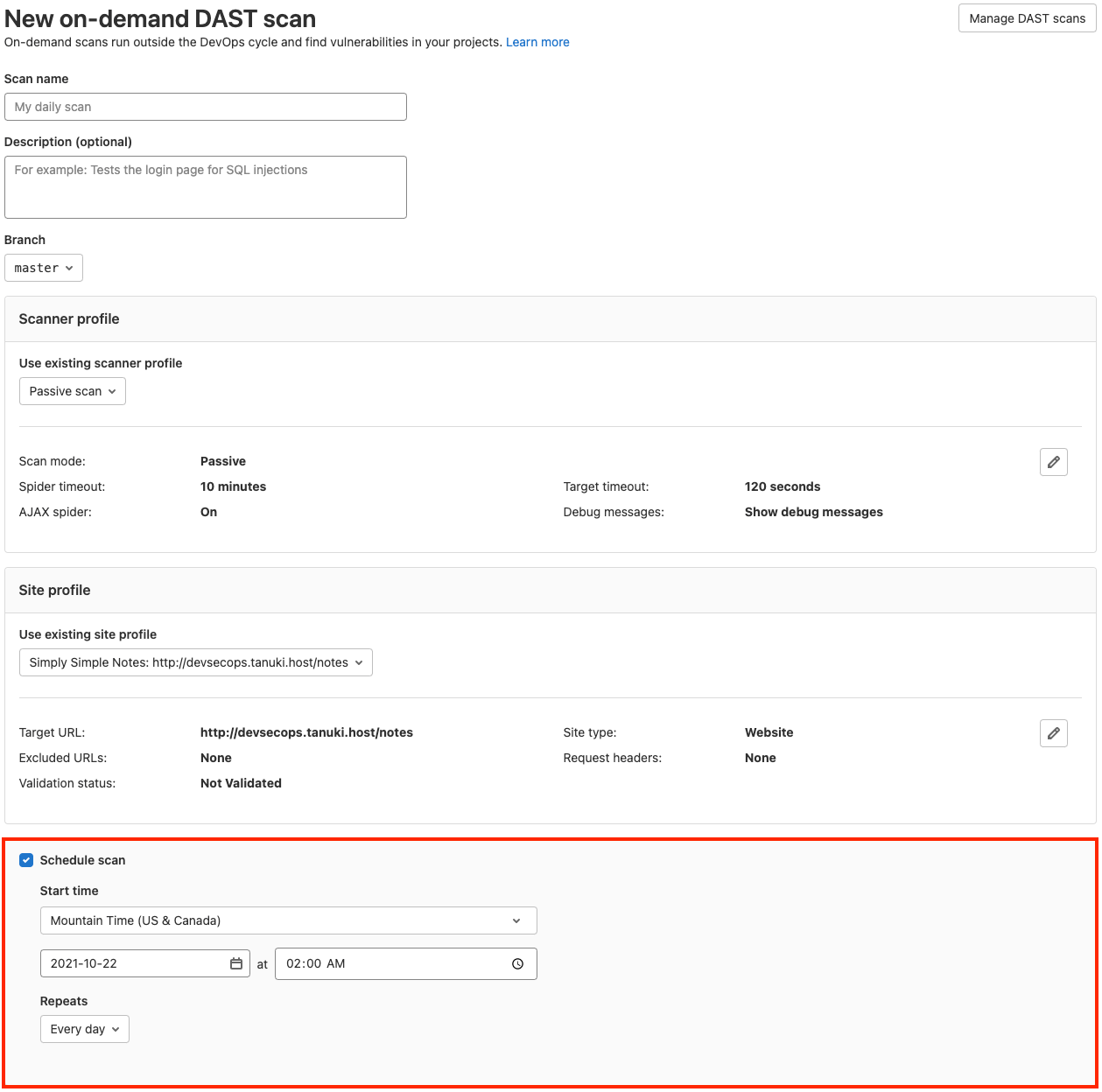 Scheduled DAST scans