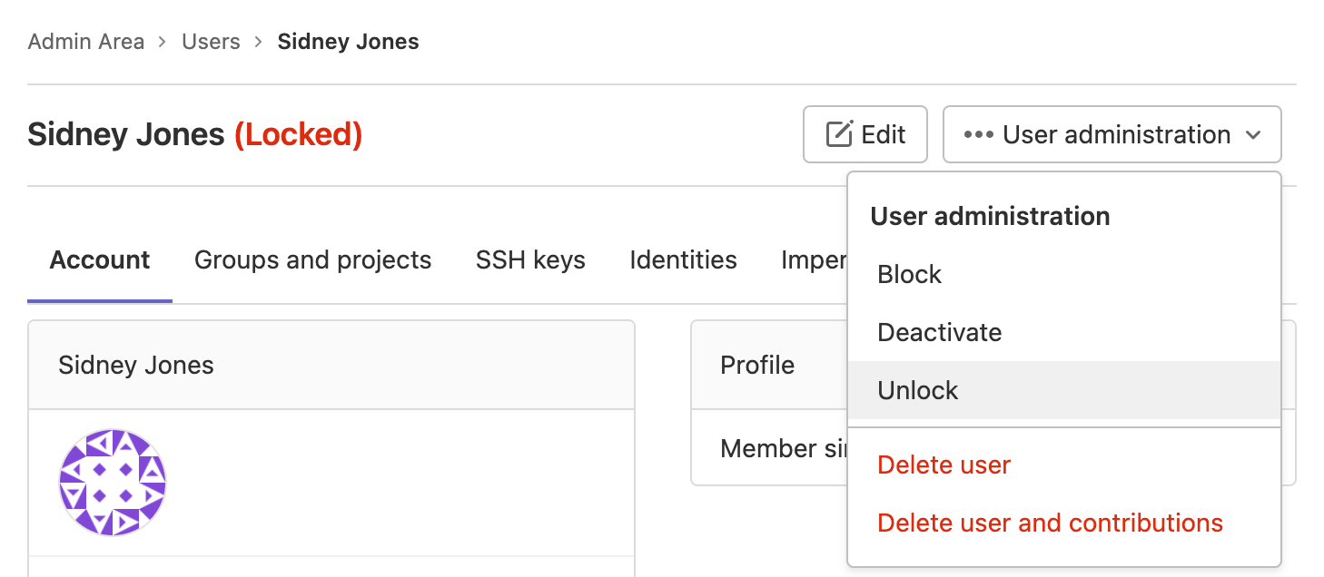 GitLab UI identifies to administrators that a user is locked