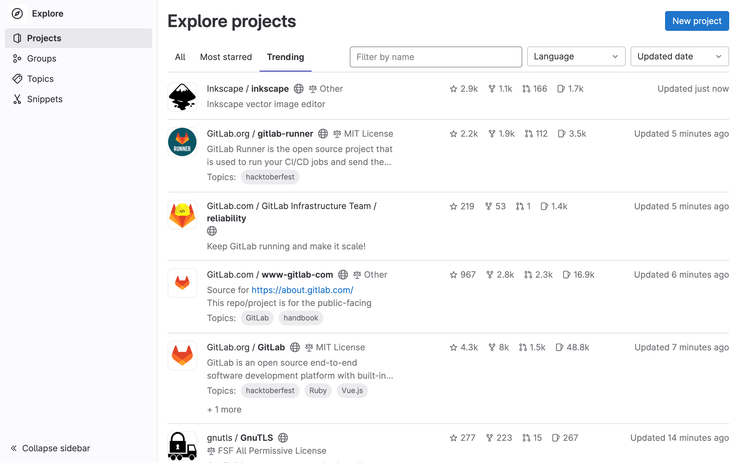 Explore projects, groups, snippets, and topics