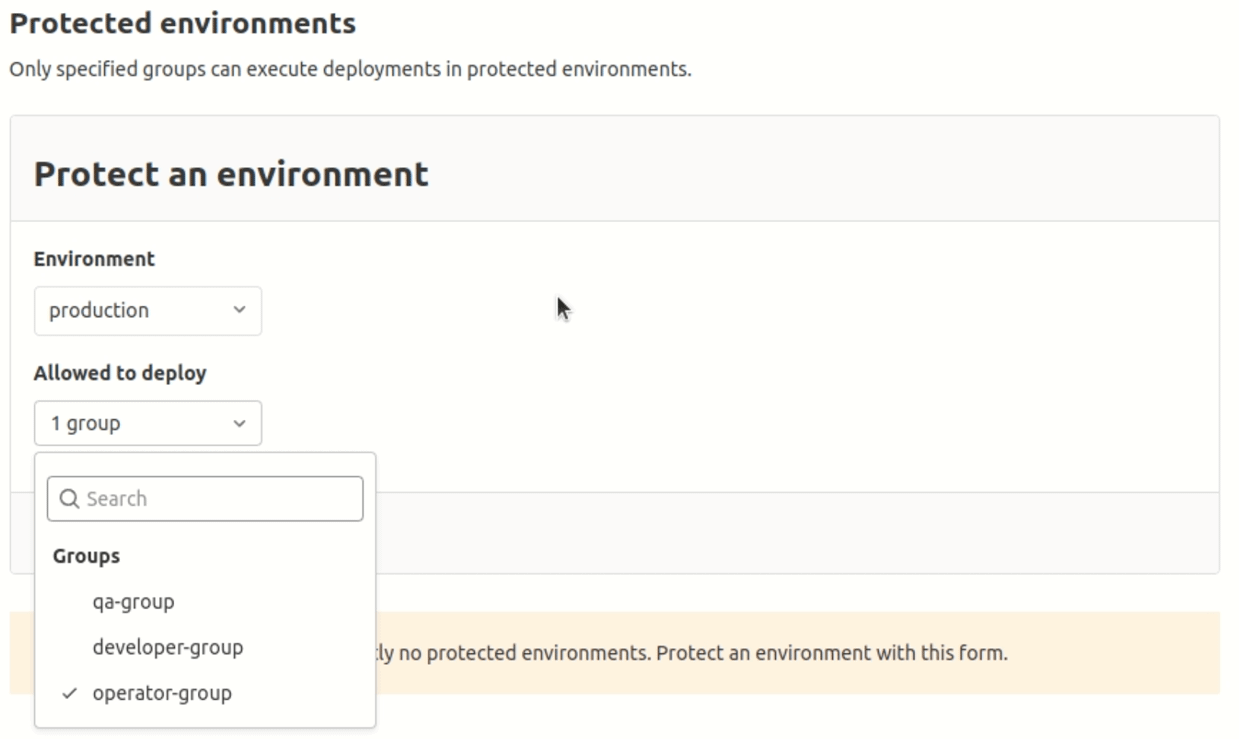 Group-level UI for protected environment settings