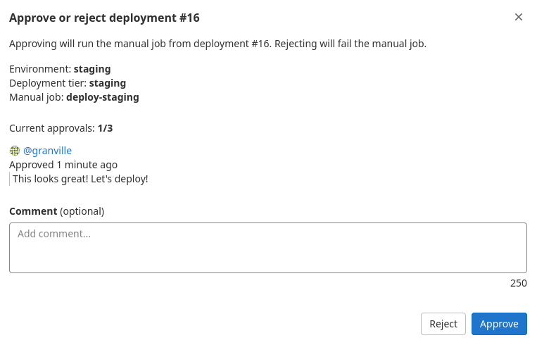 Show the deployment approval comment in the UI