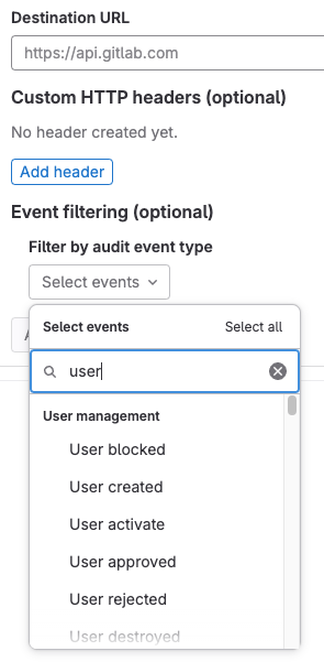 Streaming audit event filtering UI