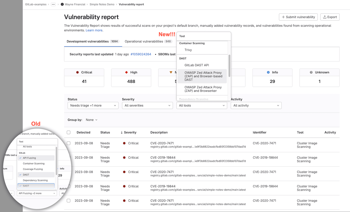 Changes to the vulnerability report's Tool filter