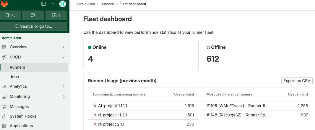 Fleet Dashboard: Compute minutes used on instance runners per project metric card