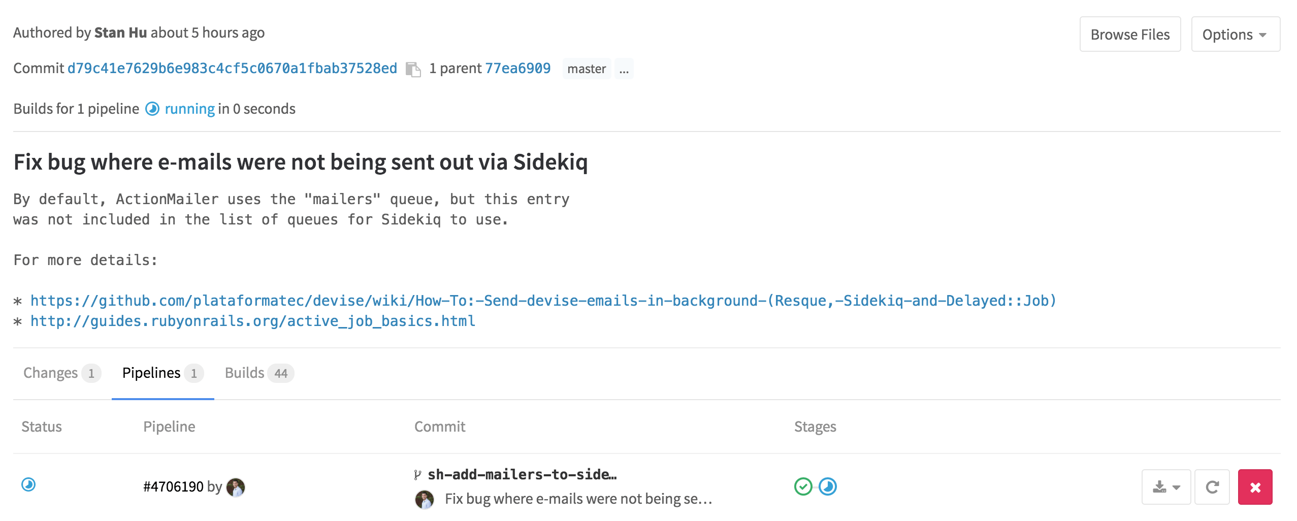 Pipelines for commits in GitLab 8.13
