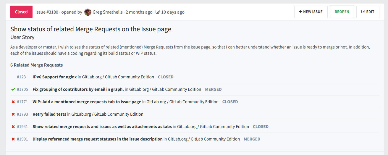 See referenced merge requests in issues in GitLab 8.3