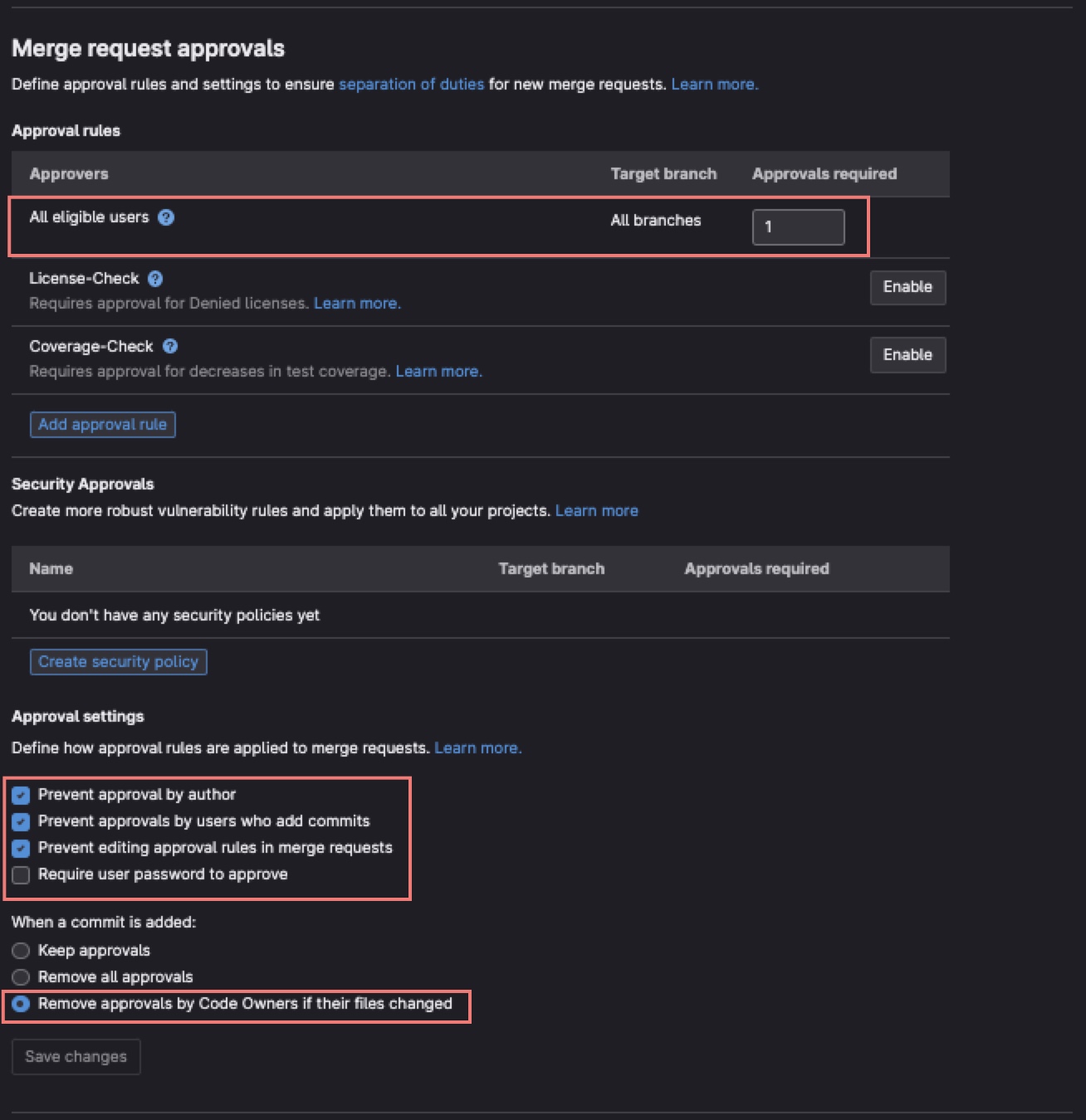 Example 2 of MR Approval Rules configured WITH Code Owners