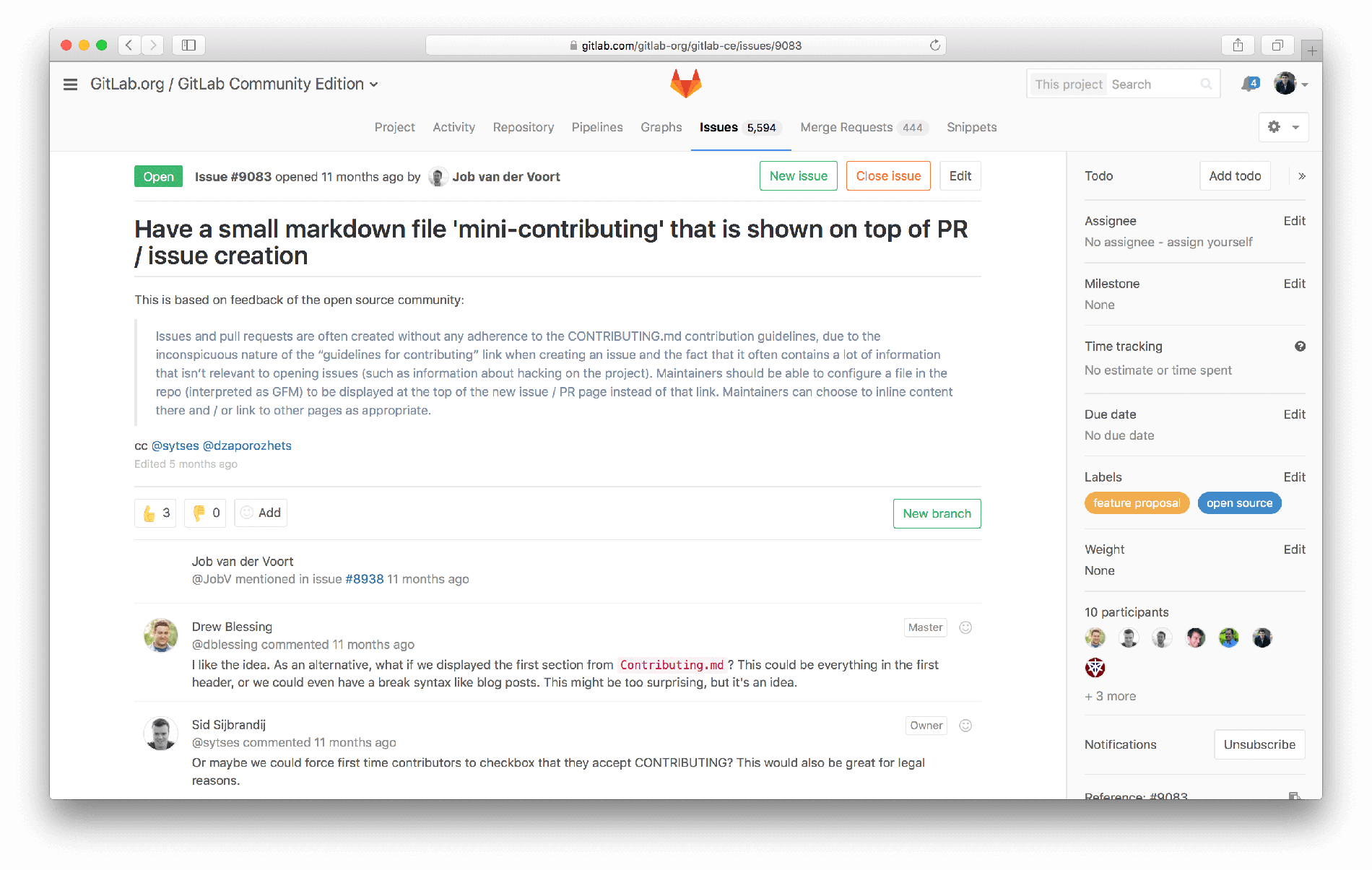 Screenshot of an issue from GitLab 8.15 on January 3, 2017