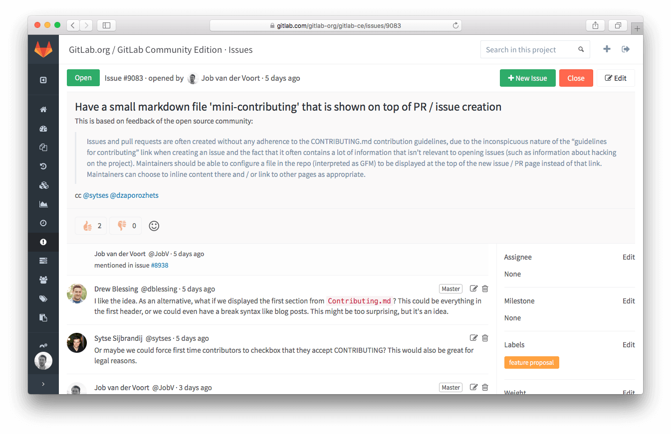 Screenshot of an issue from GitLab 8.4 on January 22, 2016