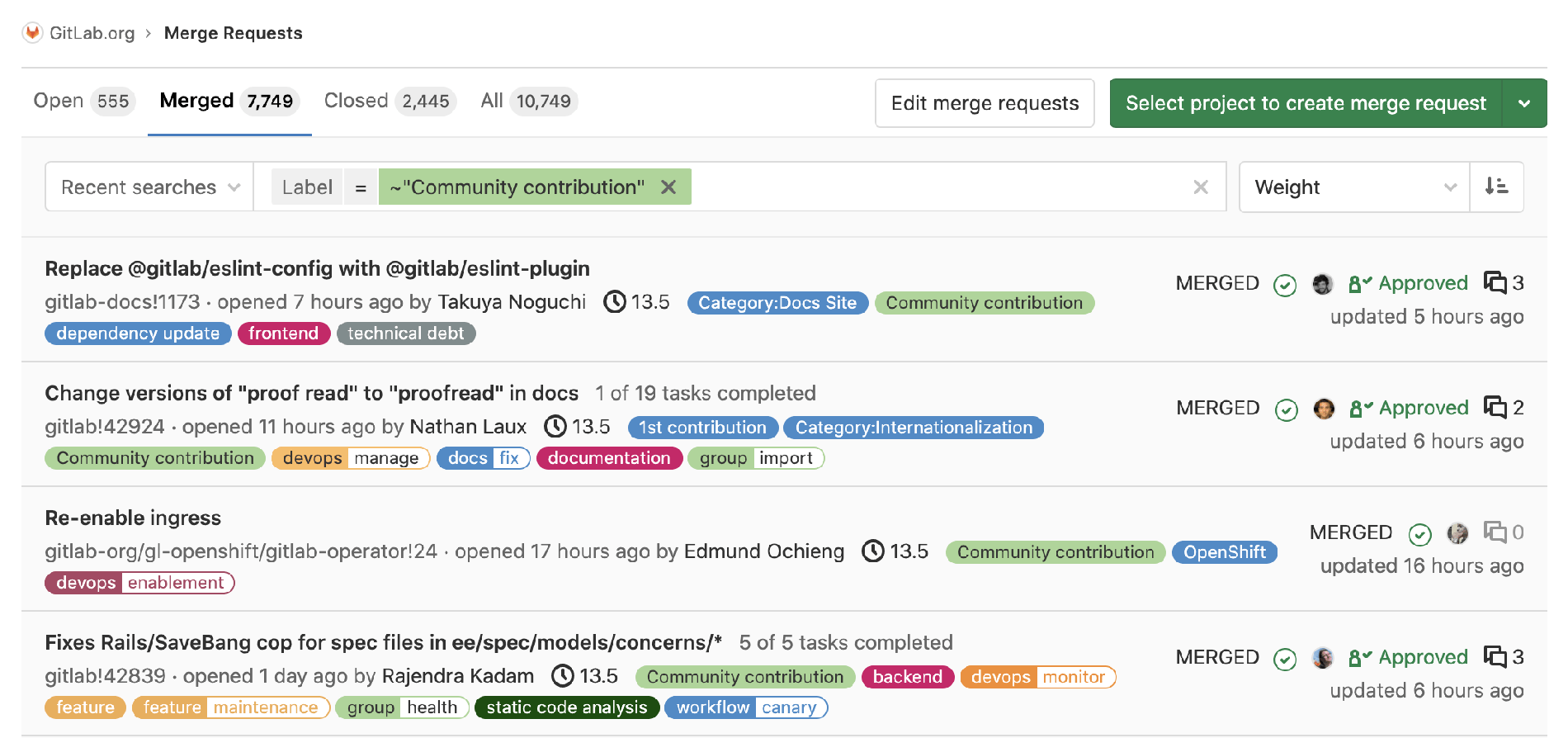 Screenshot showing more than 7,700 merged community MRs