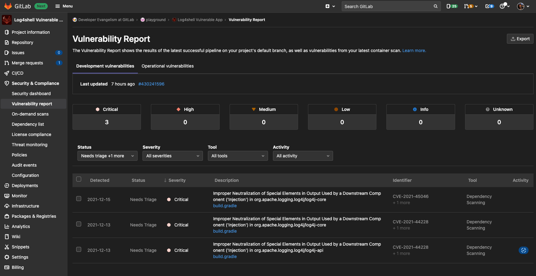 Panel showing security vulnerabilities