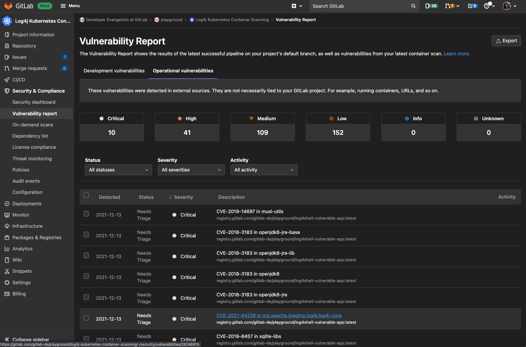 Panel showing security vulnerabilities