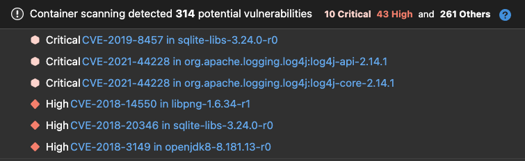 List of vulnerabilities detected by container scanning