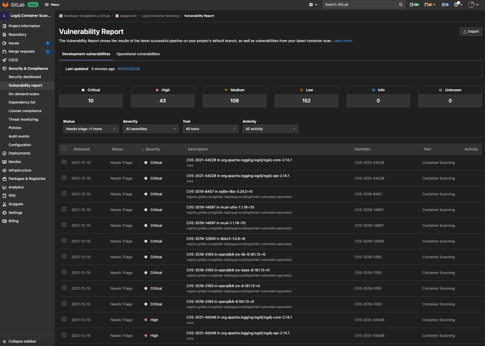 Panel showing security vulnerabilities