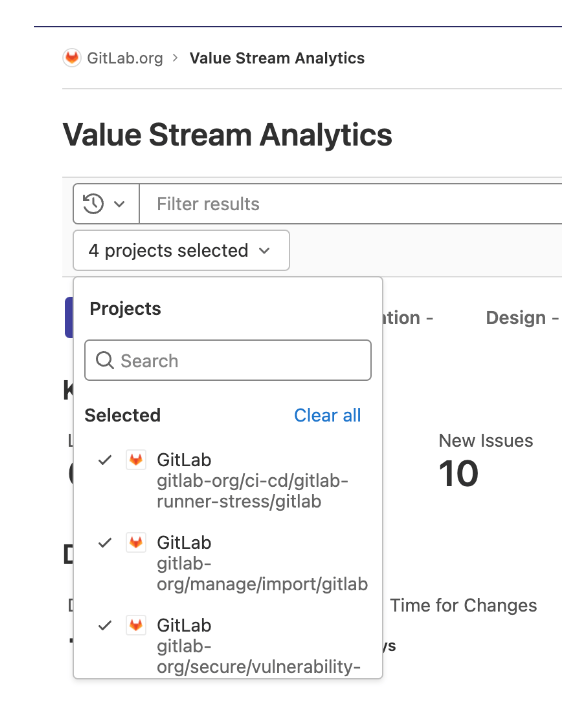 Value stream analytics filtering.