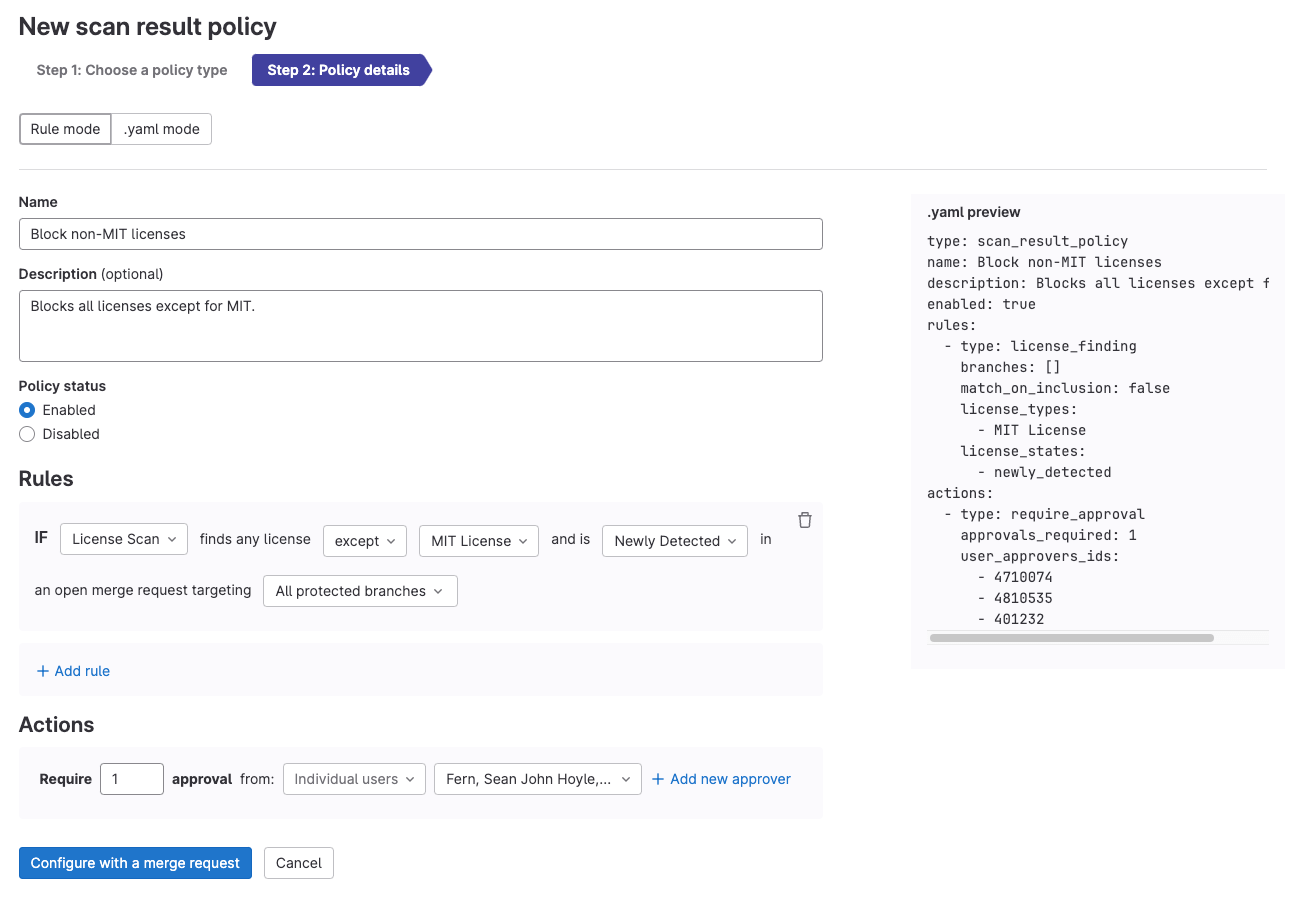 Set license policies