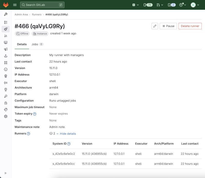 Runner detailed view with shared configurations