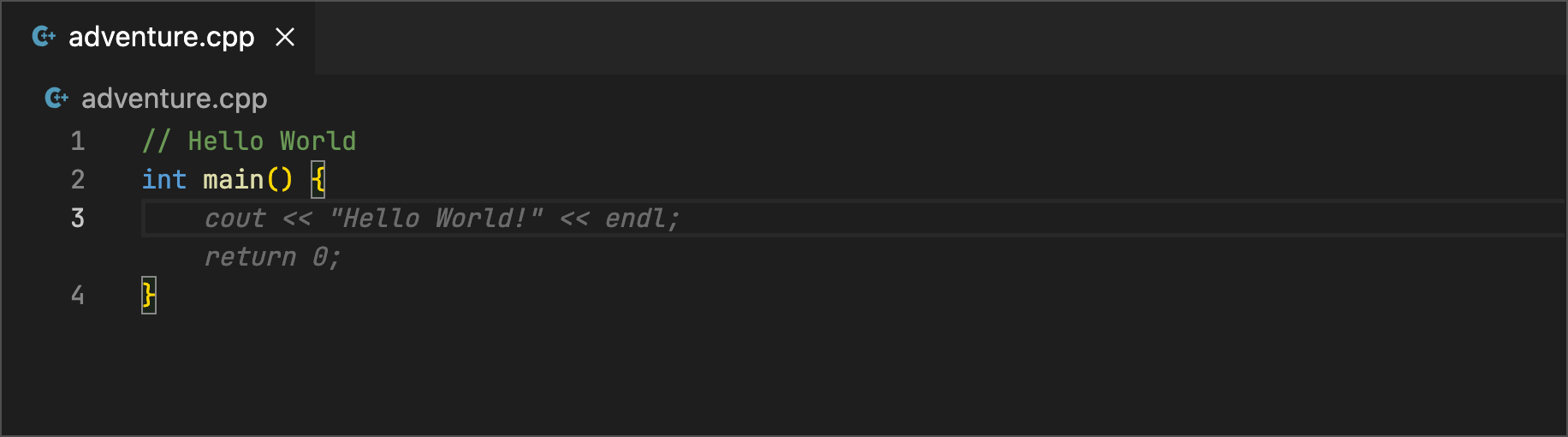 adventure.cpp with a hello world implementation suggested by Code Suggestions