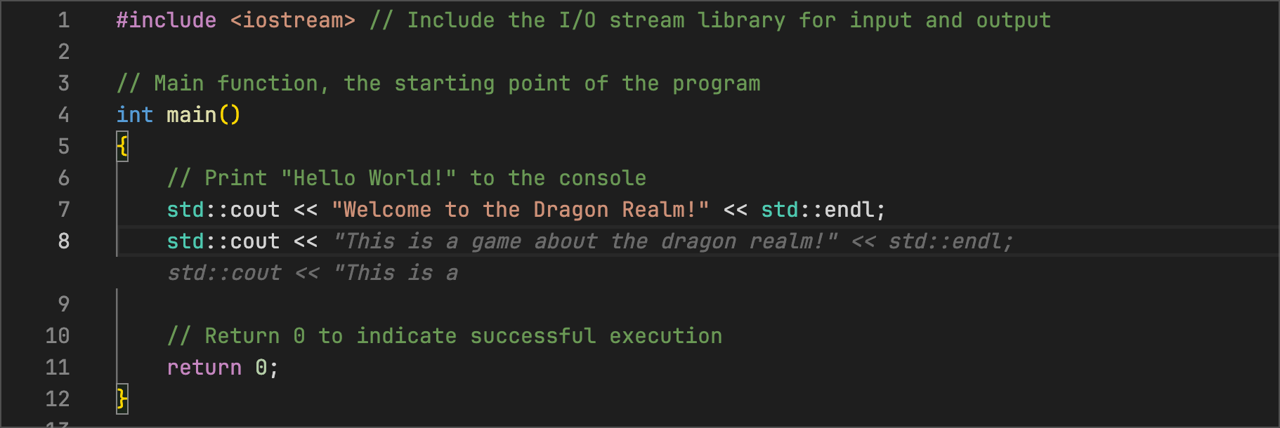 adventure.cpp - Code Suggestions offers suggestion of welcoming users to the Dragon Realm and knows its a game