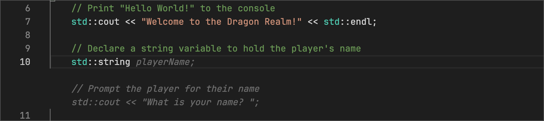 adventure.cpp - Code Suggestions suggests welcoming the player with the playerName variable