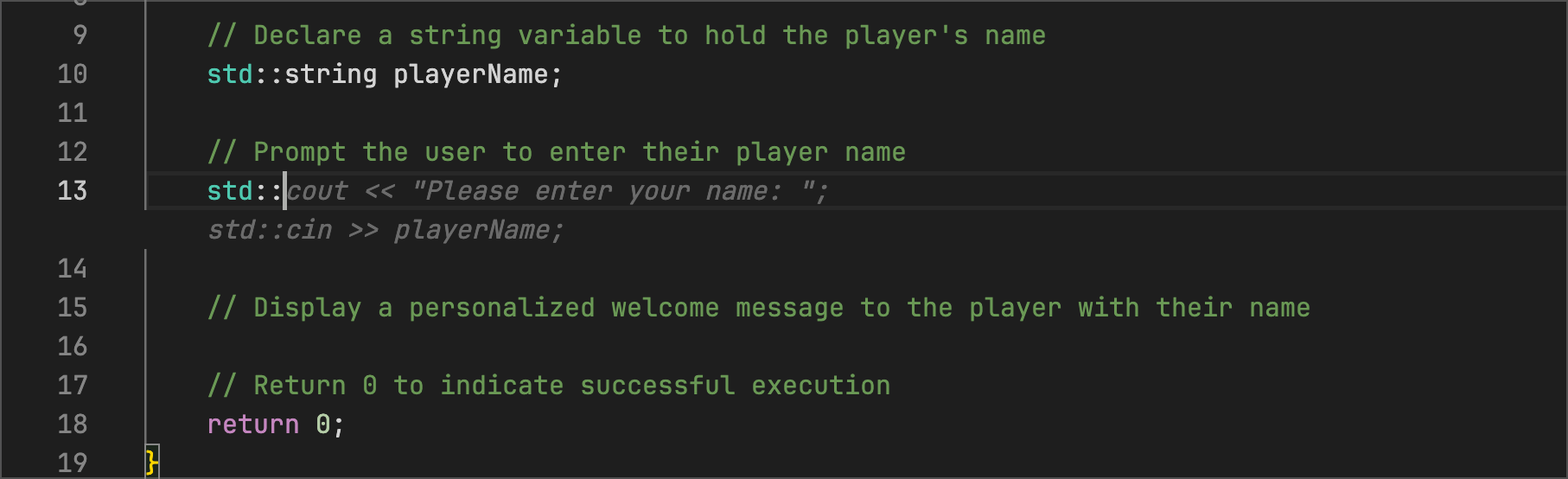 adventure.cpp - Code Suggestions prompts the user to input their player name