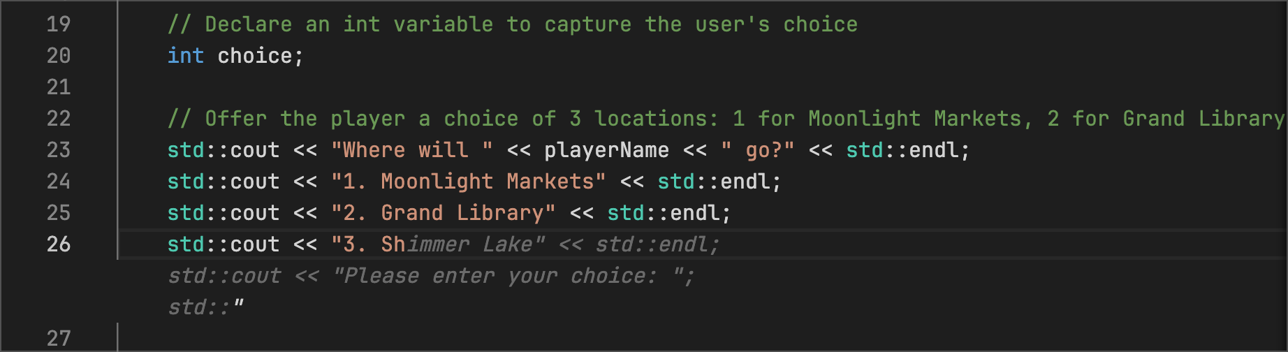 adventure.cpp - Code Suggestions suggests a multiline output for all the locations listed in the code below