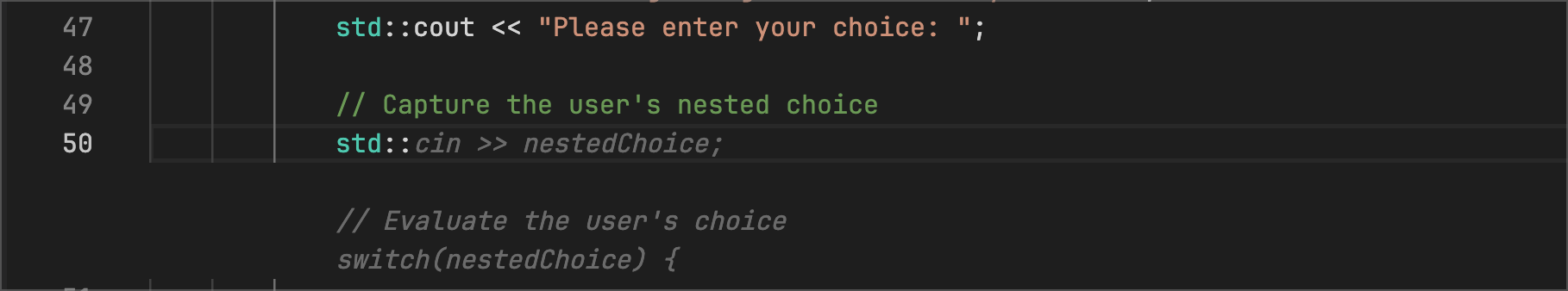 adventure.cpp - I added an end line to prompt Code Suggestions to break the choices into end line outputs