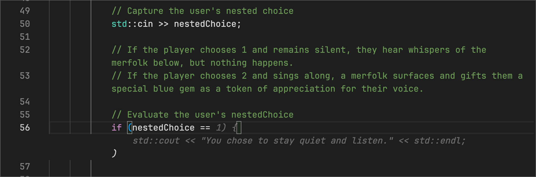 adventure.cpp - Code Suggestions starts to build out an if statement to handle the nestedChoice